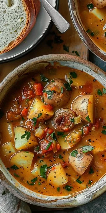 Bowl of delicious Cajun Potato Soup garnished with herbs