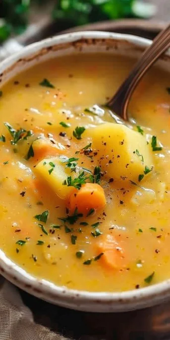 Creamy Carrot Potato Soup garnished with fresh herbs