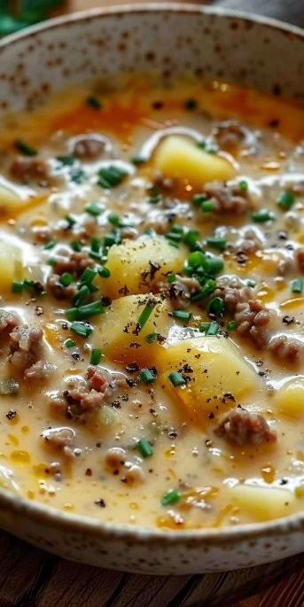 A comforting bowl of cheesy hamburger potato soup garnished with herbs