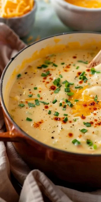 Bowl of creamy cheesy potato soup garnished with herbs