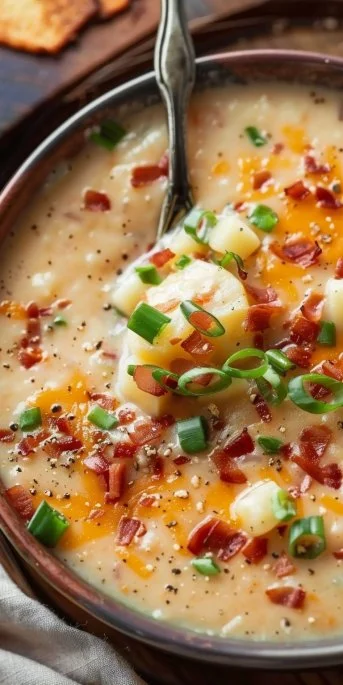 Delicious cheesy potato soup with crispy hash browns served in a bowl