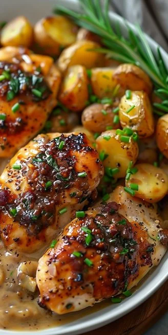 Chicken in White Wine Sauce 4 Served Chicken in White Wine Sauce garnished with herbs