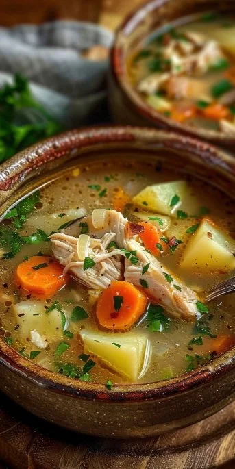 Bowl of creamy Chicken Potato Soup served with fresh herbs