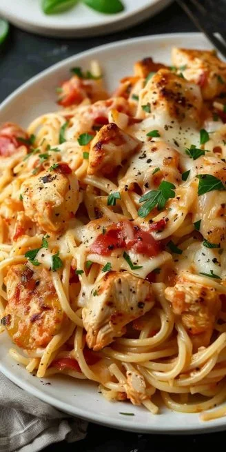 Creamy Chicken Spaghetti served in a bowl with herbs and cheese on top