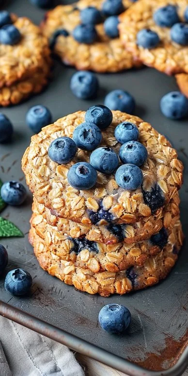 Cinnamon blueberry oatmeal cookies stacked on a plate