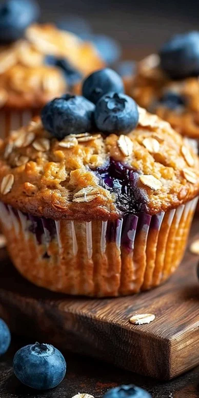 Classic Blueberry Oatmeal Muffins 4 Delicious blueberry muffins made with oatmeal and fresh blueberries, perfect for breakfast.