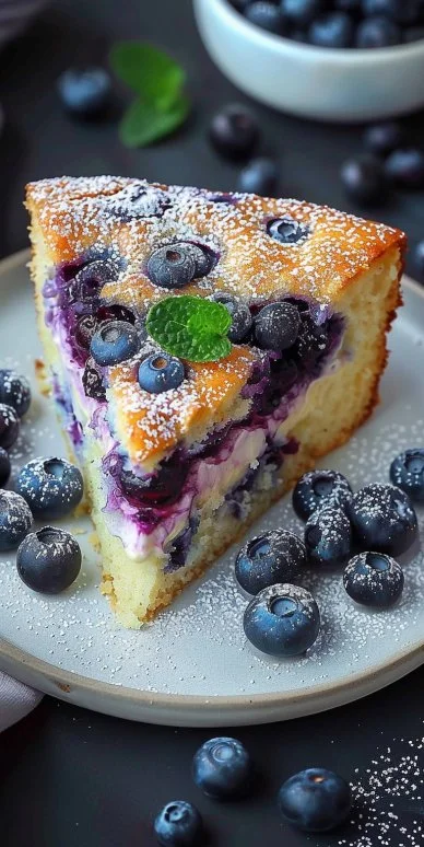 Classic Blueberry Yogurt Cake 4 Delicious classic blueberry yogurt cake served on a plate with fresh blueberries