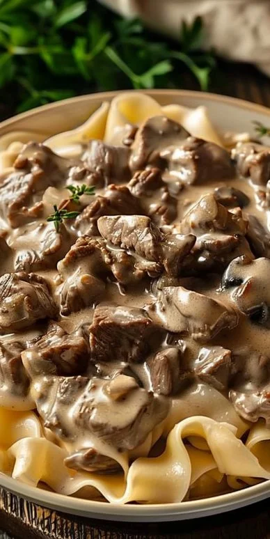Delicious classic old-fashioned beef stroganoff served over egg noodles
