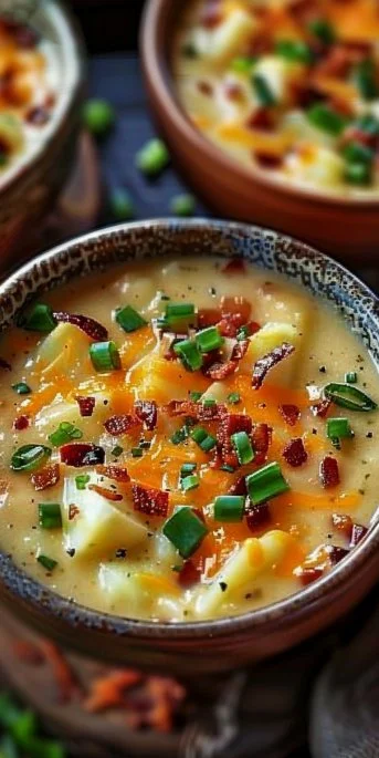 Bowl of Classic Old Fashioned Loaded Potato Soup garnished with cheese and green onions.