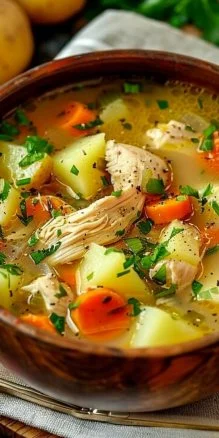Bowl of comforting chicken soup with potatoes garnished with fresh herbs.