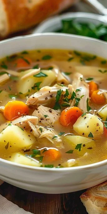 Bowl of comforting chicken soup with potatoes, herbs, and spices.