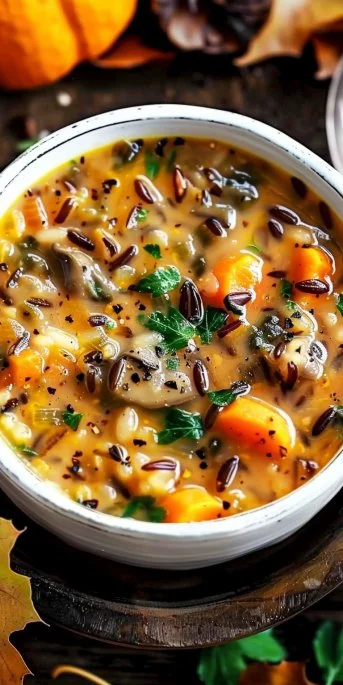 Bowl of cozy autumn wild rice soup with fresh herbs and vegetables