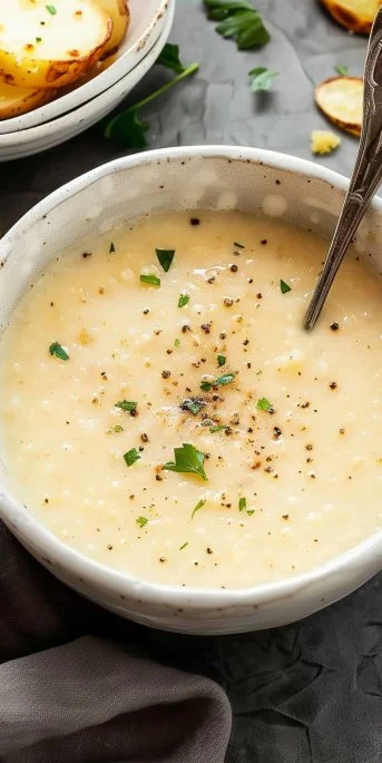 Cream of Potato Soup 4 Bowl of creamy potato soup garnished with herbs and spices