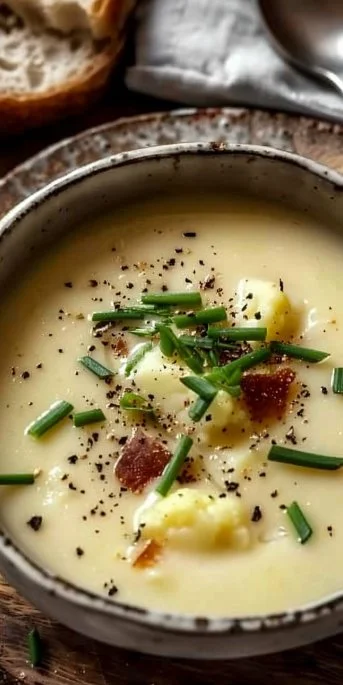 Bowl of creamy cauliflower potato soup garnished with herbs