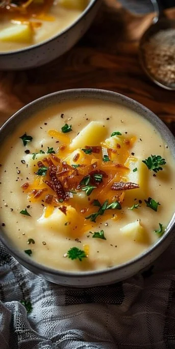 Bowl of creamy cheesy potato soup garnished with herbs