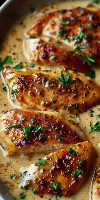 Creamy Garlic Parmesan Chicken 4 Creamy garlic parmesan chicken served on a plate with herbs.