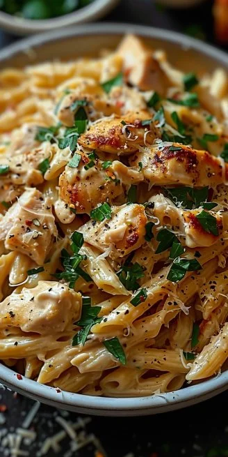 Creamy garlic parmesan chicken pasta beautifully plated with herbs.