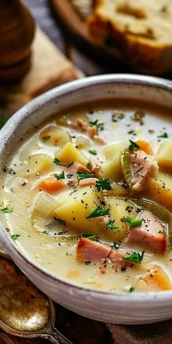 Creamy ham potato soup with leeks in a bowl garnished with herbs