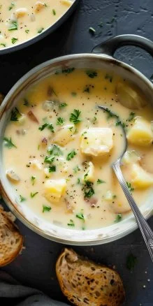 Bowl of creamy loaded potato soup topped with bacon and green onions