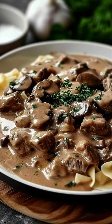 Creamy old fashioned beef stroganoff served with noodles