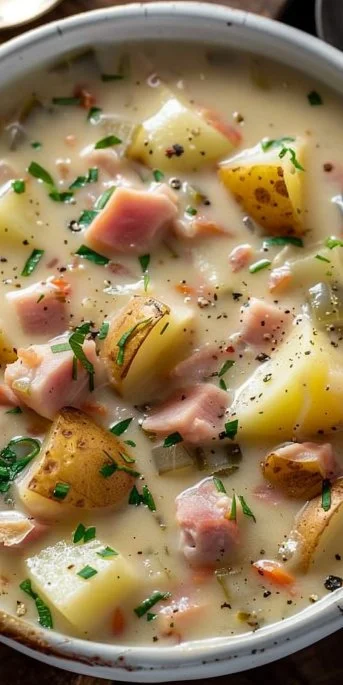 Creamy one-pot ham and potato soup served in a white bowl