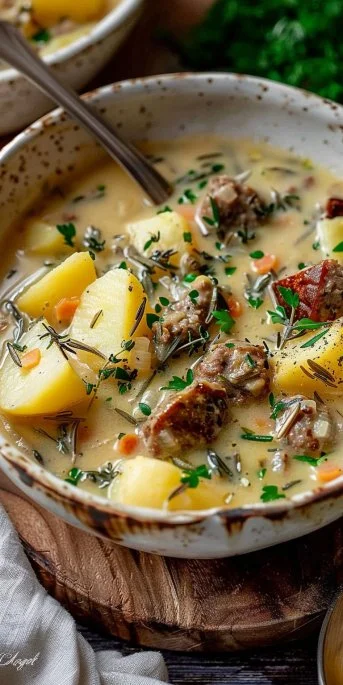 Delicious creamy potato sausage chowder in a bowl with fresh herbs