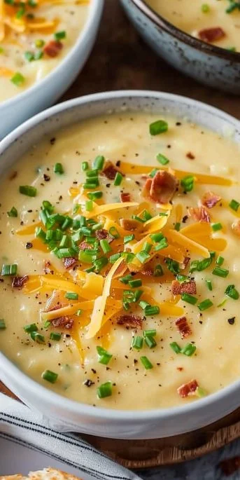 Bowl of creamy potato cheese soup garnished with herbs and cheese