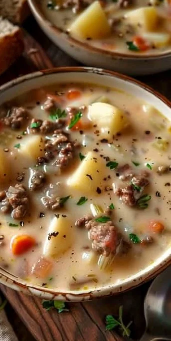 Creamy potato hamburger soup in a rustic bowl garnished with herbs