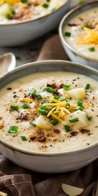Bowl of creamy potato soup topped with herbs and croutons