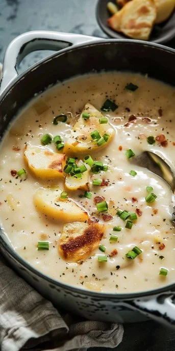 Bowl of creamy potato soup garnished with herbs and served with bread