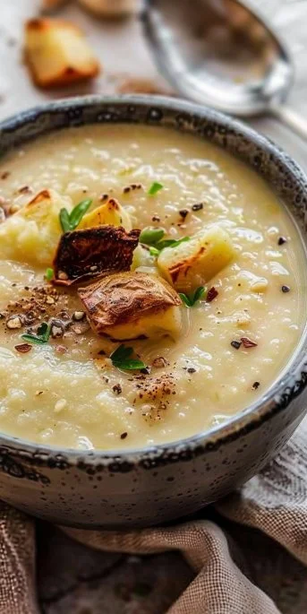 Creamy roasted garlic potato soup garnished with herbs in a bowl