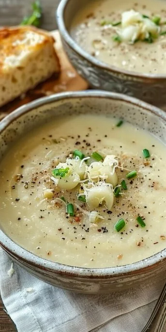 Bowl of creamy roasted garlic soup garnished with herbs