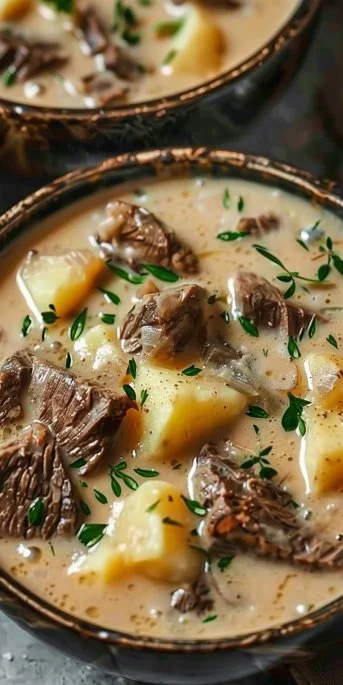 Bowl of creamy steak and potato soup garnished with herbs and served warm.