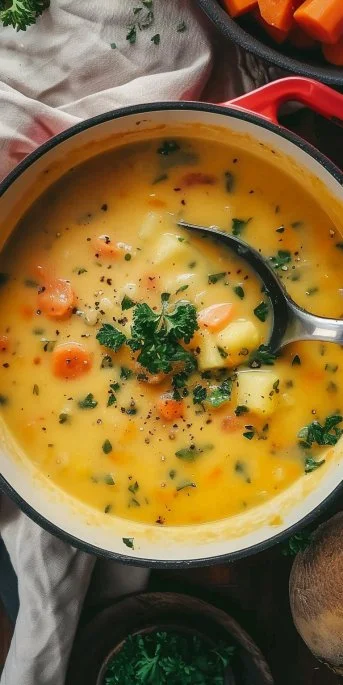 Bowl of creamy vegan carrot potato soup with fresh herbs