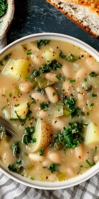 Delicious creamy white bean soup with potatoes and kale in a bowl