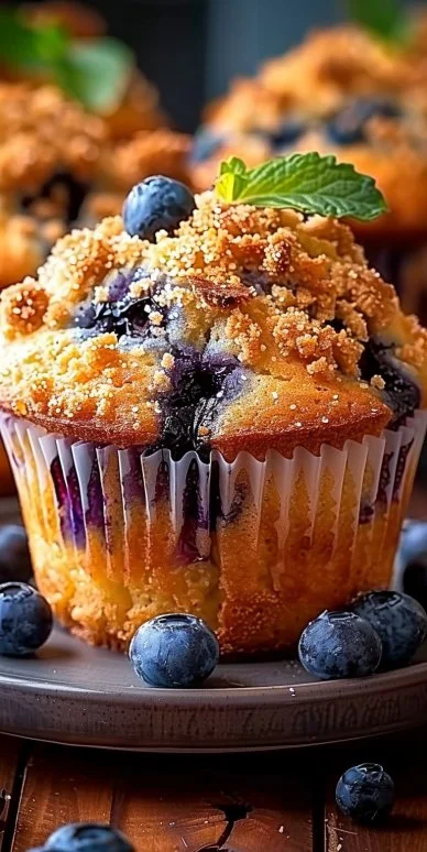 Crispy blueberry streusel muffins baked to golden perfection
