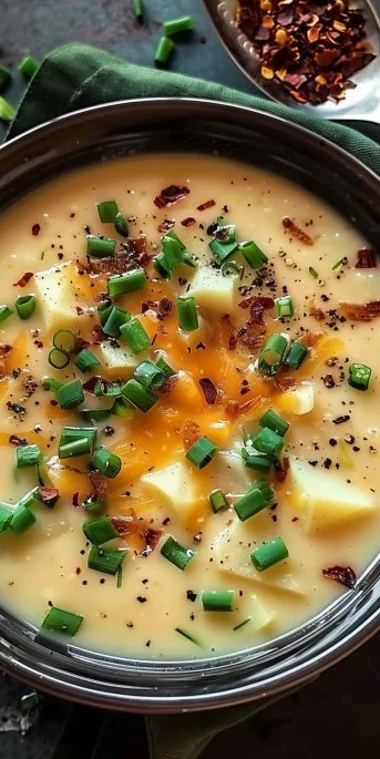 Delicious crock pot crack potato soup garnished with chives and bacon