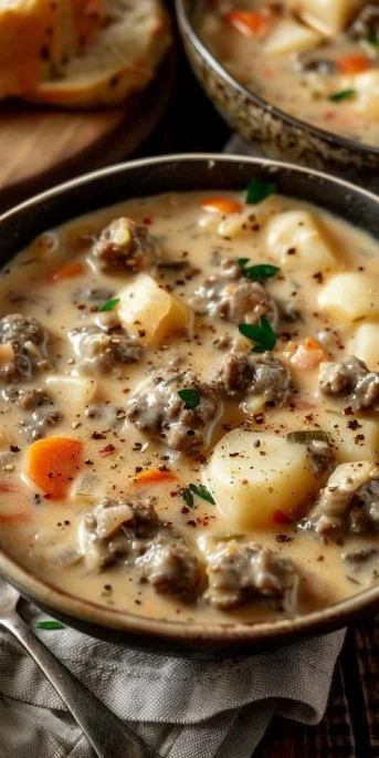 Crockpot Creamy Potato and Hamburger Soup in a bowl
