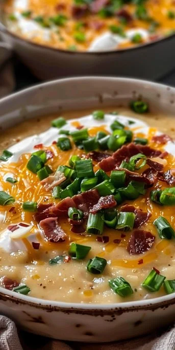 Bowl of creamy Crockpot Loaded Baked Potato Soup topped with cheese and chives