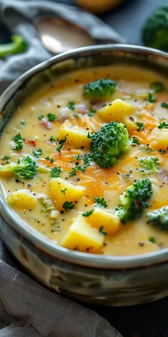 Crockpot potato broccoli cheddar soup in a bowl with fresh herbs on top.
