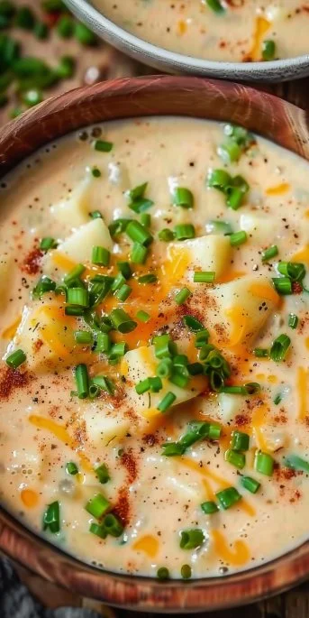 Delicious Crockpot potato soup served in a bowl, garnished with herbs.