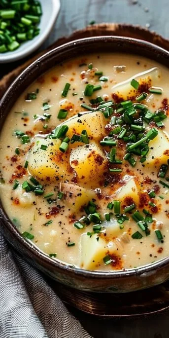 Delicious bowl of Crockpot Potato Soup with fresh herbs and toppings