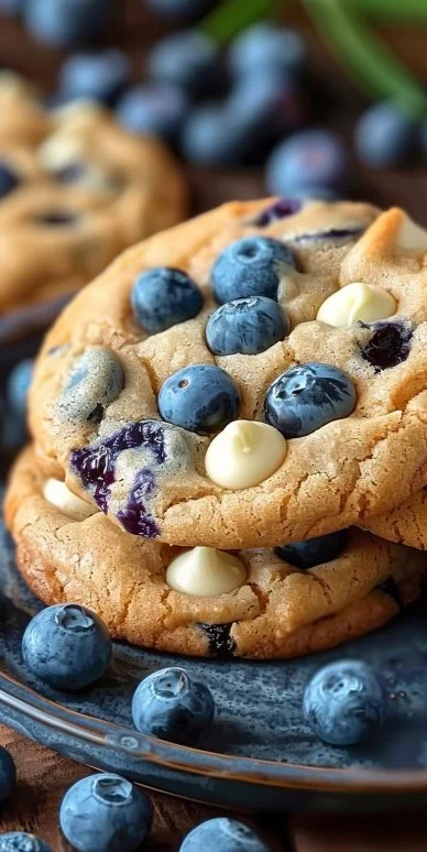 Delicious White Chocolate Chip Blueberry Cookies 4 Delicious white chocolate chip blueberry cookies on a cooling rack.