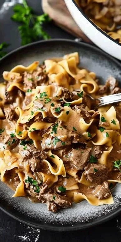 Easy beef stroganoff served with egg noodles in a creamy sauce