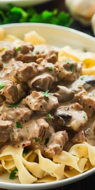 A plate of easy beef stroganoff served with noodles and garnished with parsley