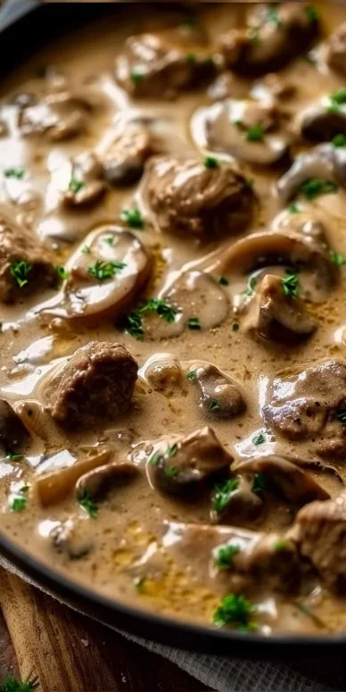 Delicious Easy Beef Stroganoff served with noodles