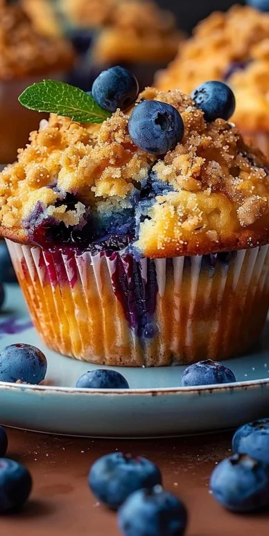 Easy Blueberry Streusel Muffins 4 Delicious easy blueberry streusel muffins on a plate