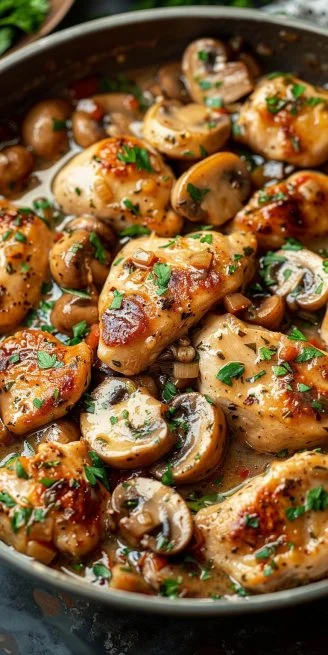 Easy Chicken Dinner with Garlic and Mushrooms 4 Easy Chicken Dinner with Garlic and Mushrooms on a platter