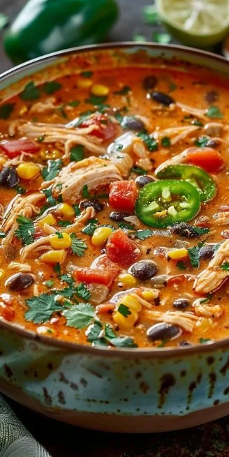 Bowl of easy chicken enchilada soup topped with cheese and cilantro