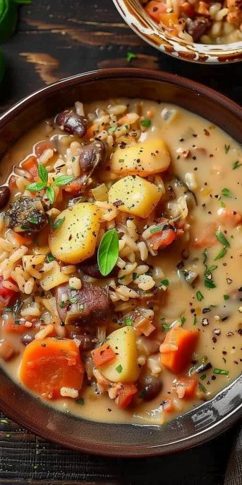 Bowl of creamy potato chowder soup garnished with herbs